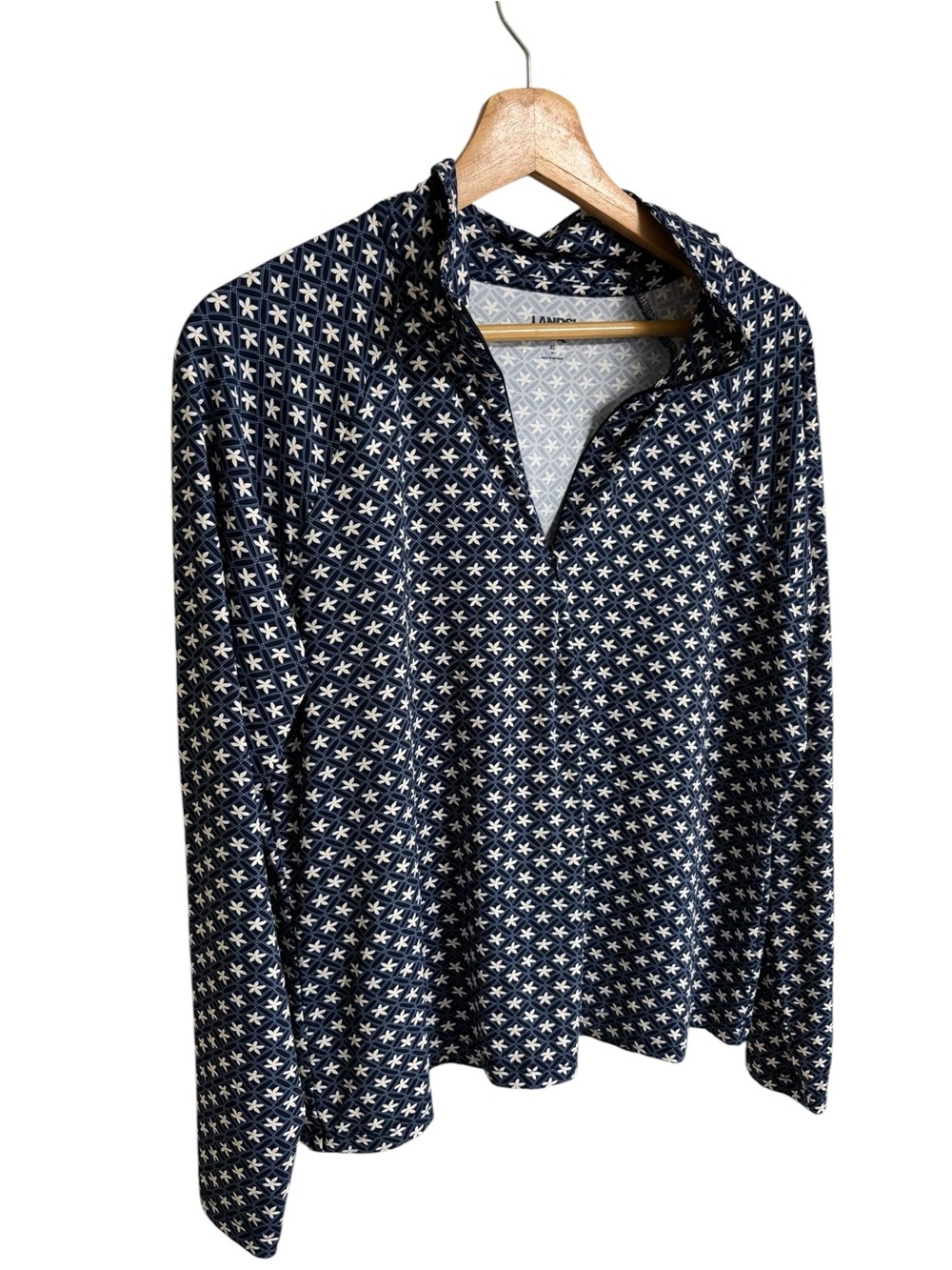 Lands’End navy blue allover geometric pattern 1/2 zip rash guard swim shirt XL - Picture 6 of 11